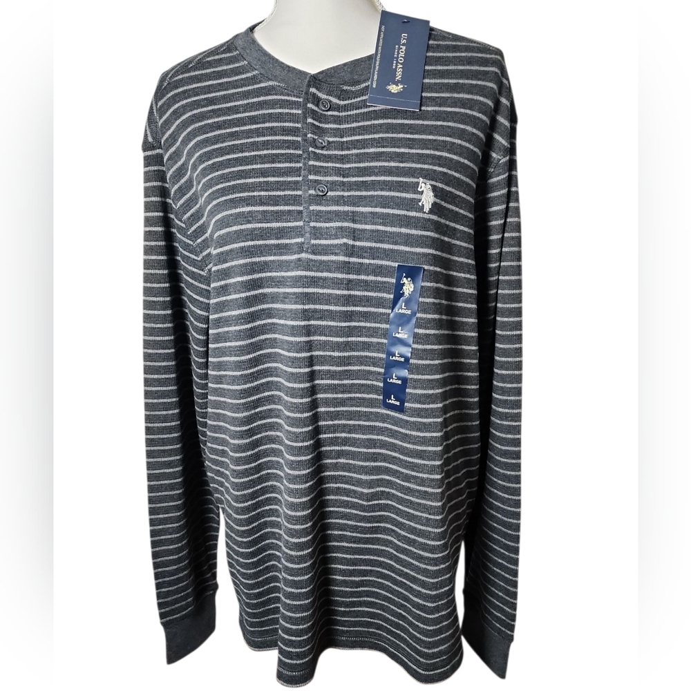 U.S Polo Assn Thermal Button Knit Long Sleeve Striped Logo Shirt Nwt Size Large